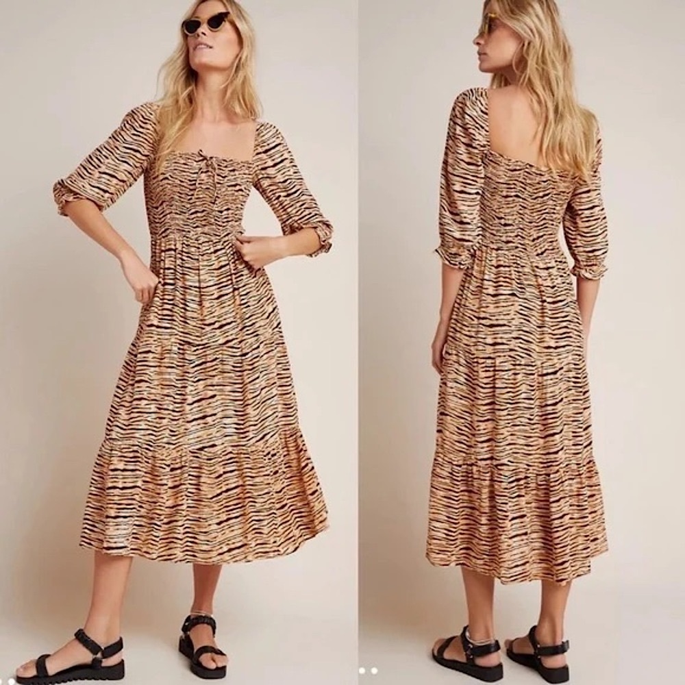 Faithfull The Brand x Anthropologie Wyldie Midi Dress Tiger Animal Print Smocked